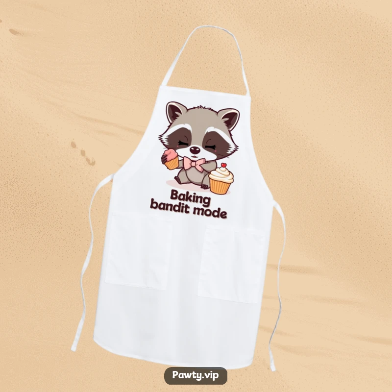 Funny apron with a mischievous raccoon wearing a bow tie, stealthily reaching for a cupcake, perfect for adding humor to cooking.