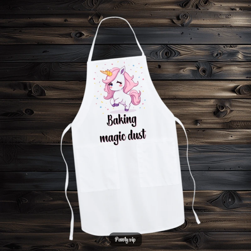 Funny Kawaii unicorn apron showing a shimmering mane dancing playfully surrounded by festive confetti, adding a magical flair to cooking.
