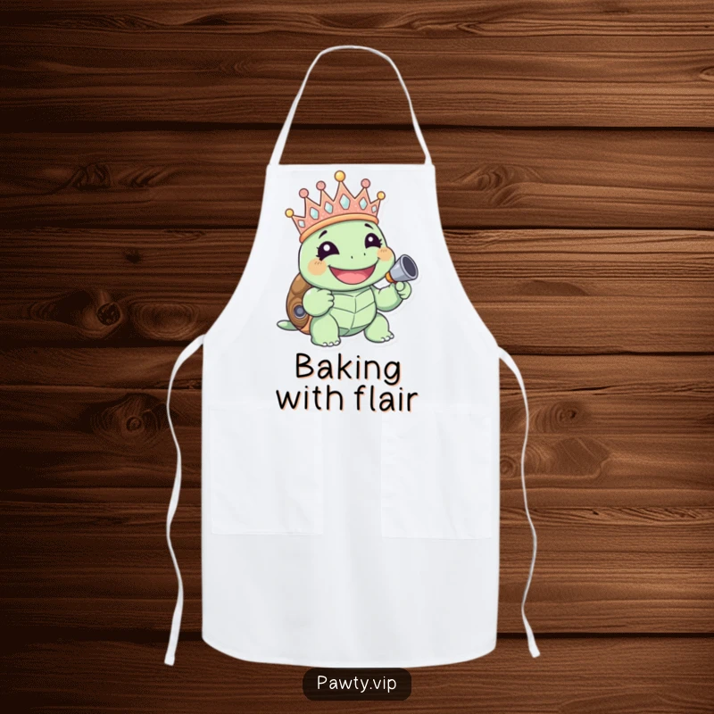 Funny giggling turtle wearing a glittery crown and holding a noisemaker, on a cooking apron, ideal funny gift.