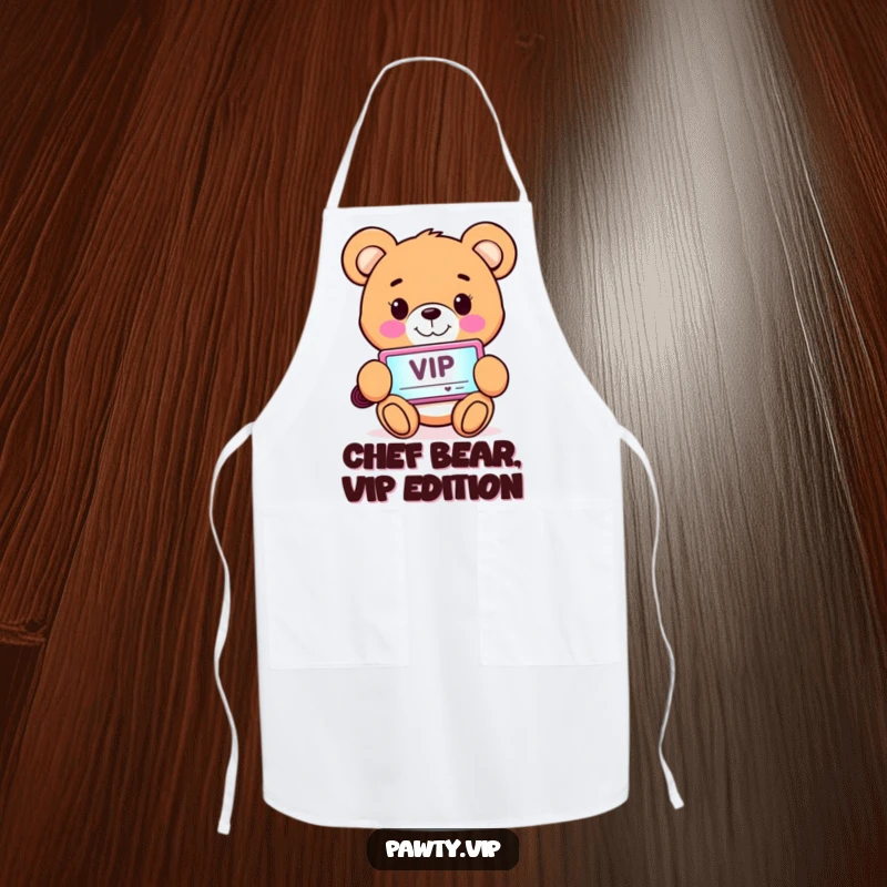 Funny Apron featuring a smiling teddy bear character holding a glowing VIP pass, ready to cook up a storm.