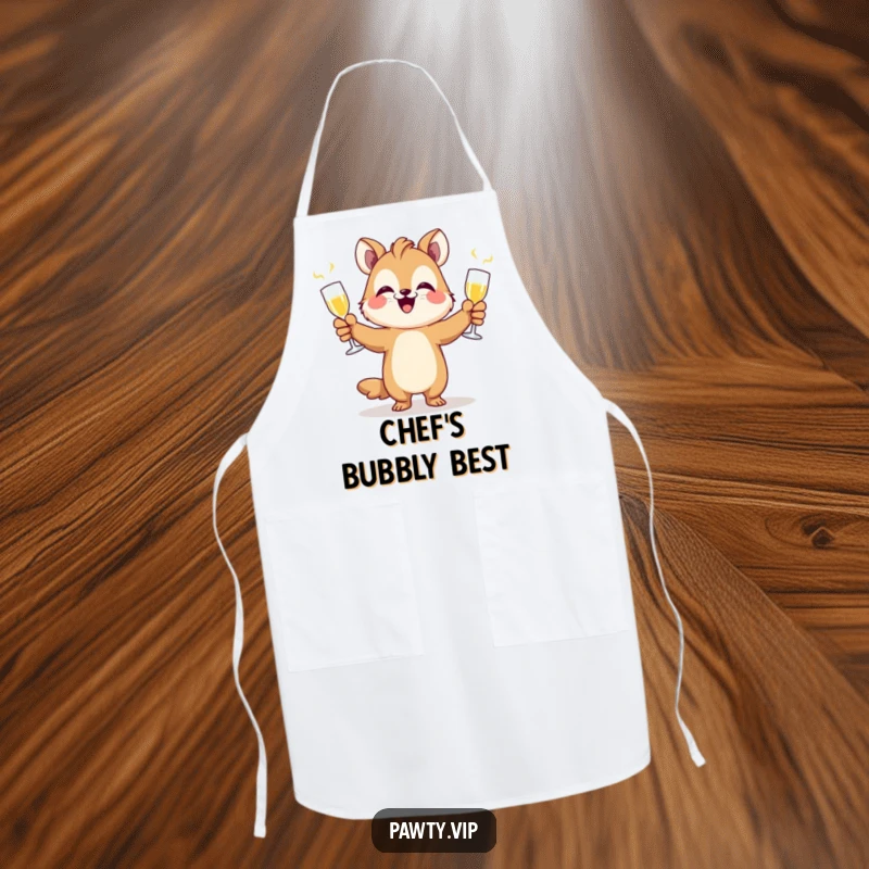 Funny animal juggling champagne flutes, a humorous and festive apron for cooking and parties.