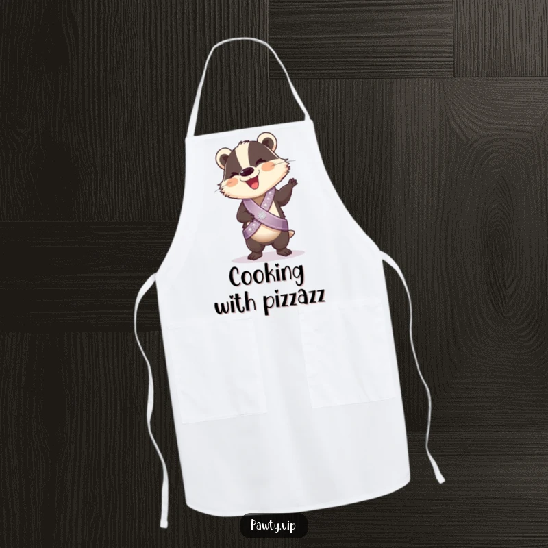 Funny Apron: A giggling badger in a sparkly sash performs a silly dance, ideal for fun kitchen activities and joyous culinary endeavors.