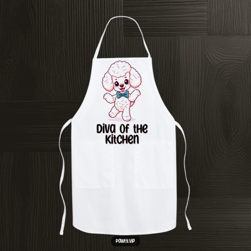 Funny cute poodle wearing a fancy bow tie, dancing energetically, on an apron, perfect for cooking with sophisticated and playful canine style.