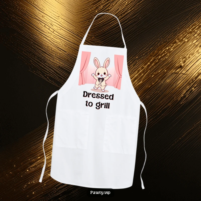 Funny tuxedo rabbit character performing a lively dance on a stage, featured on a functional apron to bring humor to cooking.