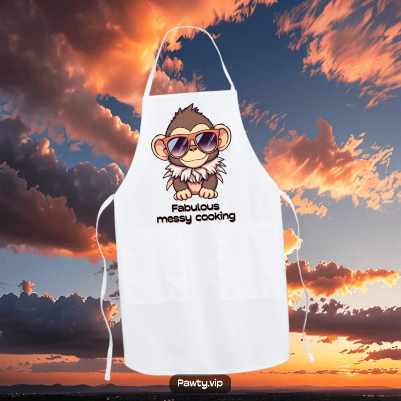 Funny monkey apron, a chef wearing a cool monkey design with sunglasses and a boa.