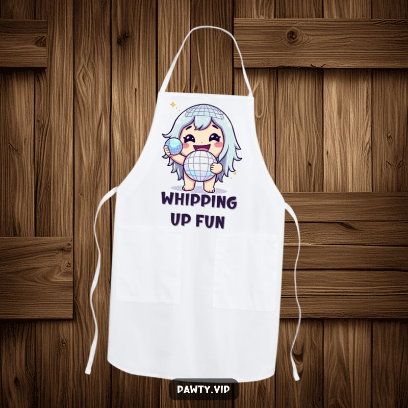 Funny apron with a cheerful character holding a glittering disco ball, adding fun and style to kitchen tasks.