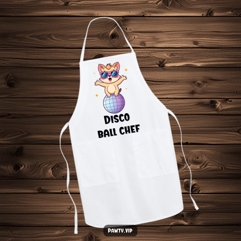 Funny apron with an animal character wearing oversized sunglasses, dancing on a disco ball while cooking.