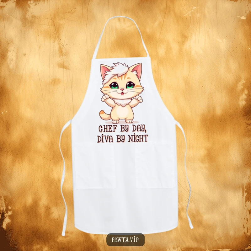 Funny Apron featuring a cute cat character in a feather boa, striking a confident chef pose in the kitchen.