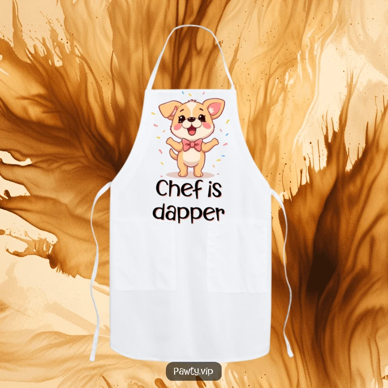 Funny Dog Apron showing a dog in a bowtie dancing with confetti, ready to bring party fun to the kitchen.