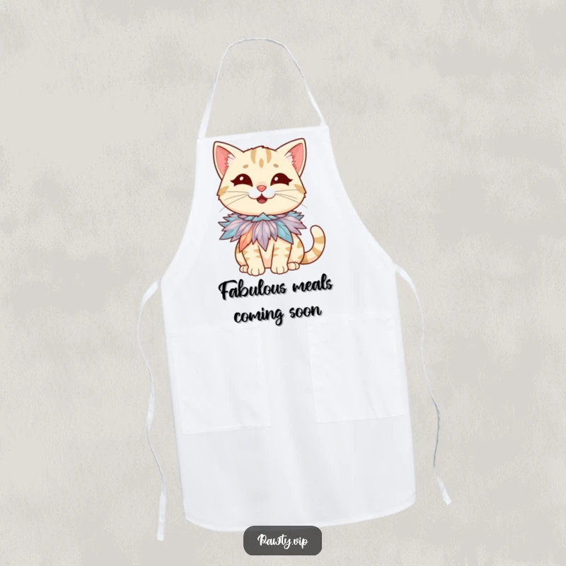 Funny apron adorned with a giggling cat character sporting a tiny, flamboyant feather boa necklace, ready for culinary adventures.