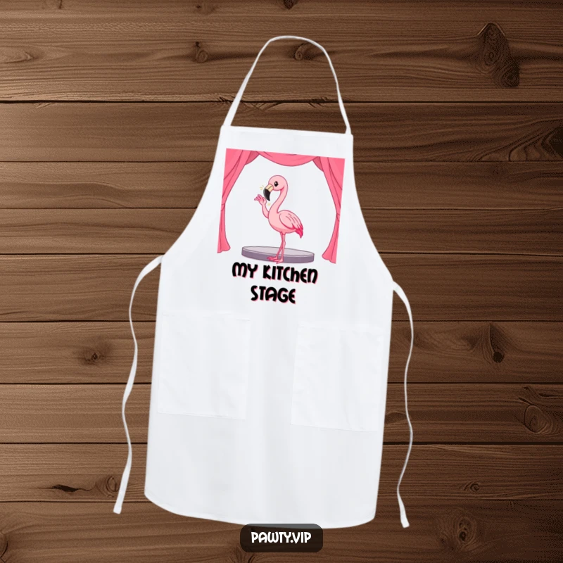 Funny Kawaii flamingo character striking a dramatic pose on an apron, ready for a kitchen performance.
