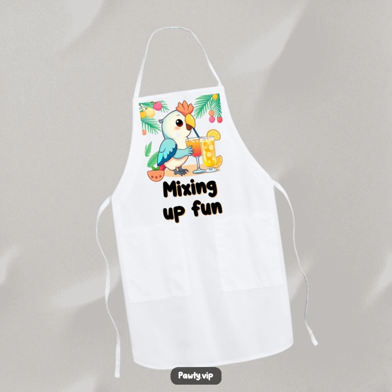 Funny Kawaii parrot apron featuring an elegant parrot character sipping a festive beverage, designed to add tropical fun to kitchen tasks.