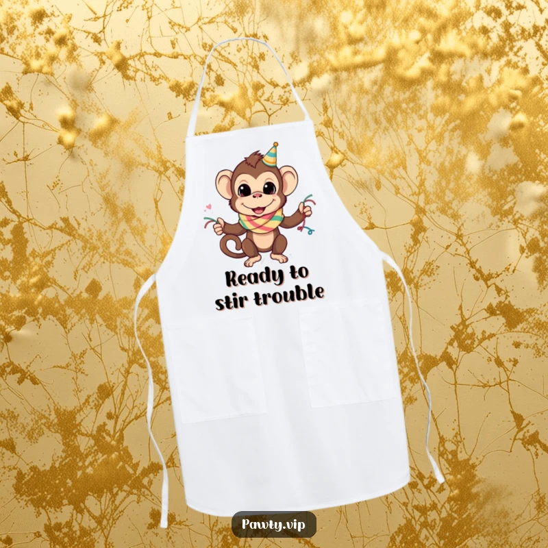 Funny monkey character sporting a party streamer scarf, depicted on a cooking apron, ideal for a funny gift.
