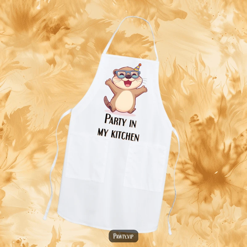 Funny Otter Apron with a joyful otter wearing mini party glasses, leaping enthusiastically, ideal for chefs.