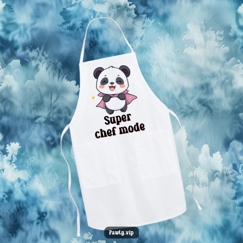 Funny apron for cooking, featuring a giggling panda character wearing a sparkly cape, ready for kitchen missions.