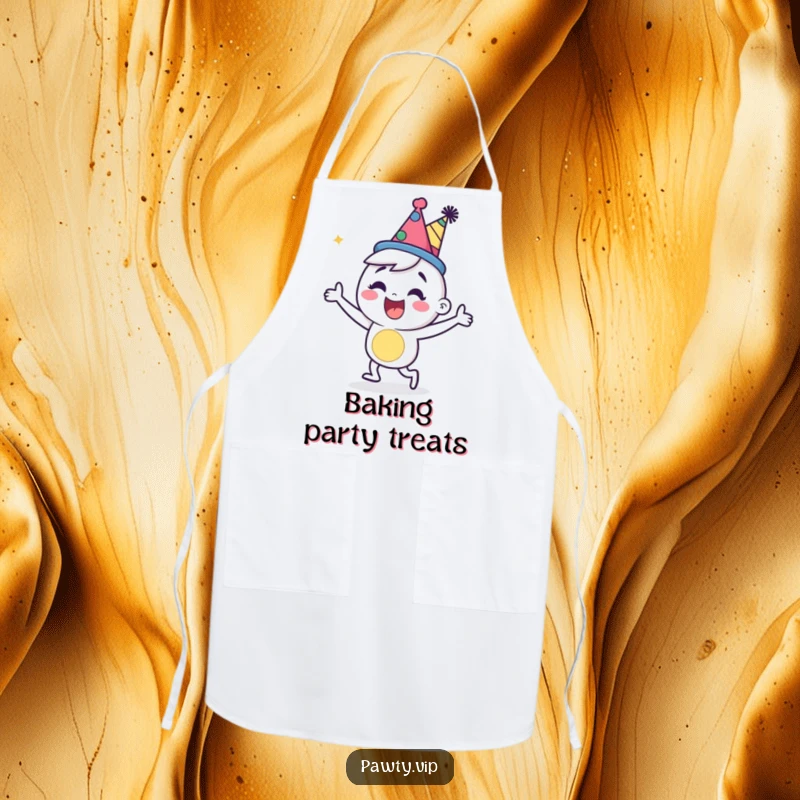 Happy cartoon character in a party hat, dancing energetically on a funny kitchen apron.