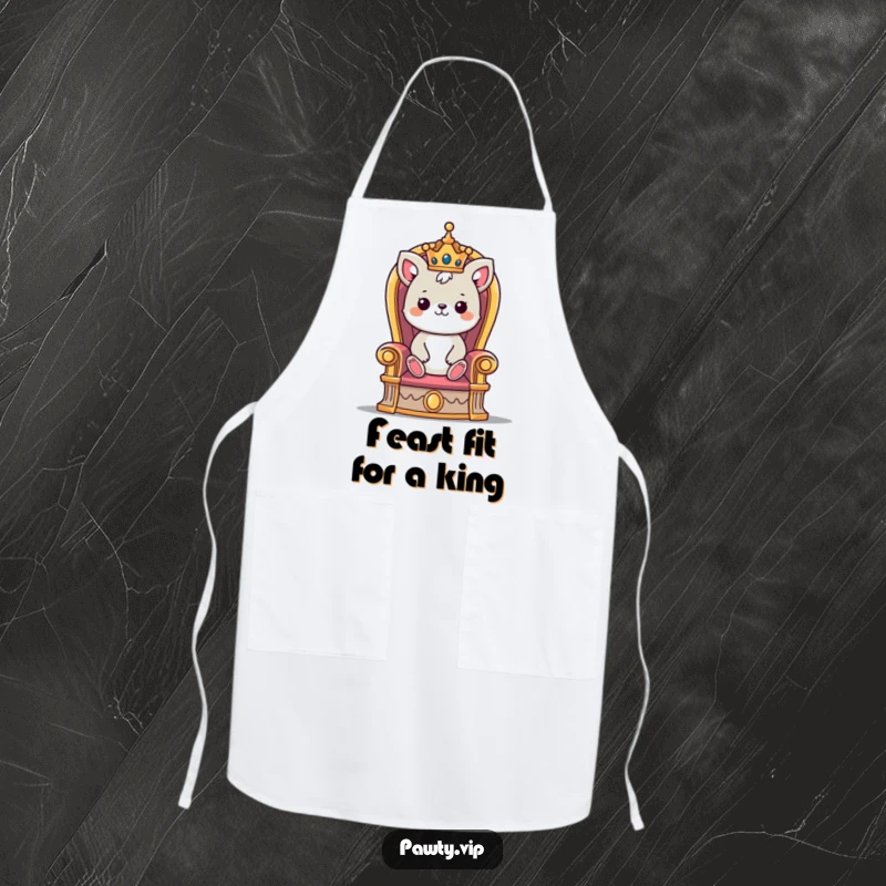 Funny apron with a cute animal character wearing a crown, sitting majestically on a throne while cooking.