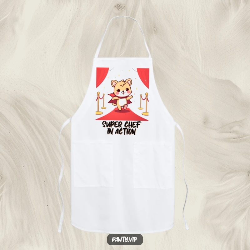 Funny apron with a cheerful animal in a sparkly cape, posing on a red carpet while ready to cook.