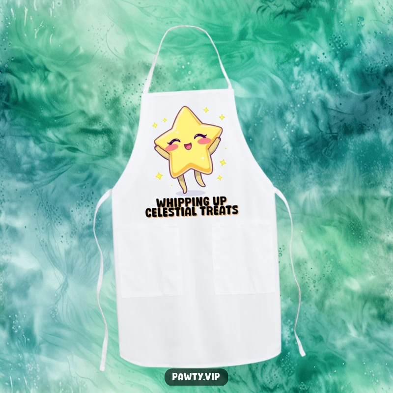 Funny Apron featuring a sparkly star character winking and doing a little jig, perfect for kitchen adventures.