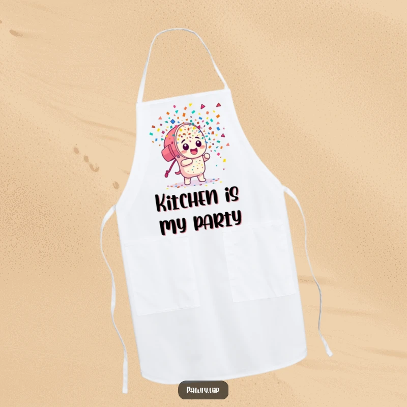 Funny Apron: A chef's apron featuring a confetti cannon character bursting with colorful pieces, perfect for a fun kitchen.