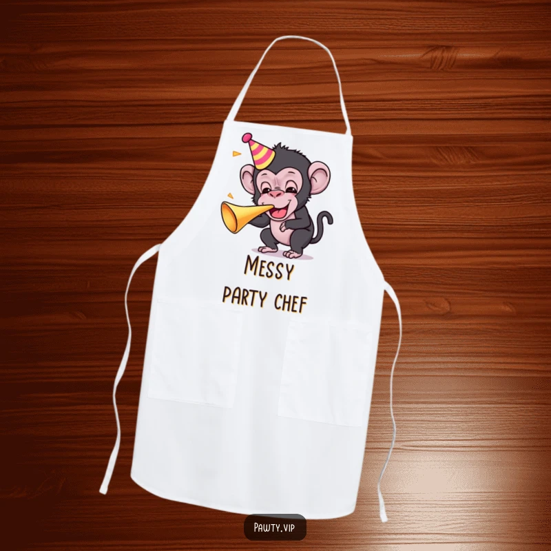 Funny Kawaii chimpanzee character blowing a party horn on an apron, ready for kitchen festivities.
