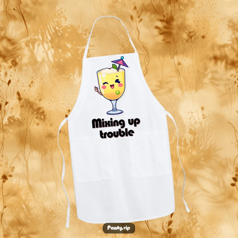 Funny happy cocktail drink character apron winking with a tiny umbrella, adding festive fun to cooking and hosting.