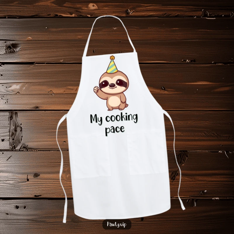 Funny Apron: Trendy sloth in a party hat, humorously raising a tiny fist, ideal for humorous kitchen tasks and culinary celebrations.
