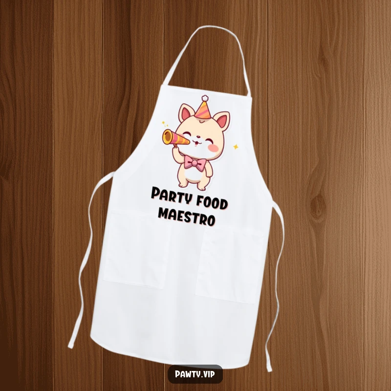 Funny apron with a playful bowtie creature blowing a party horn, ready to host a kitchen party.