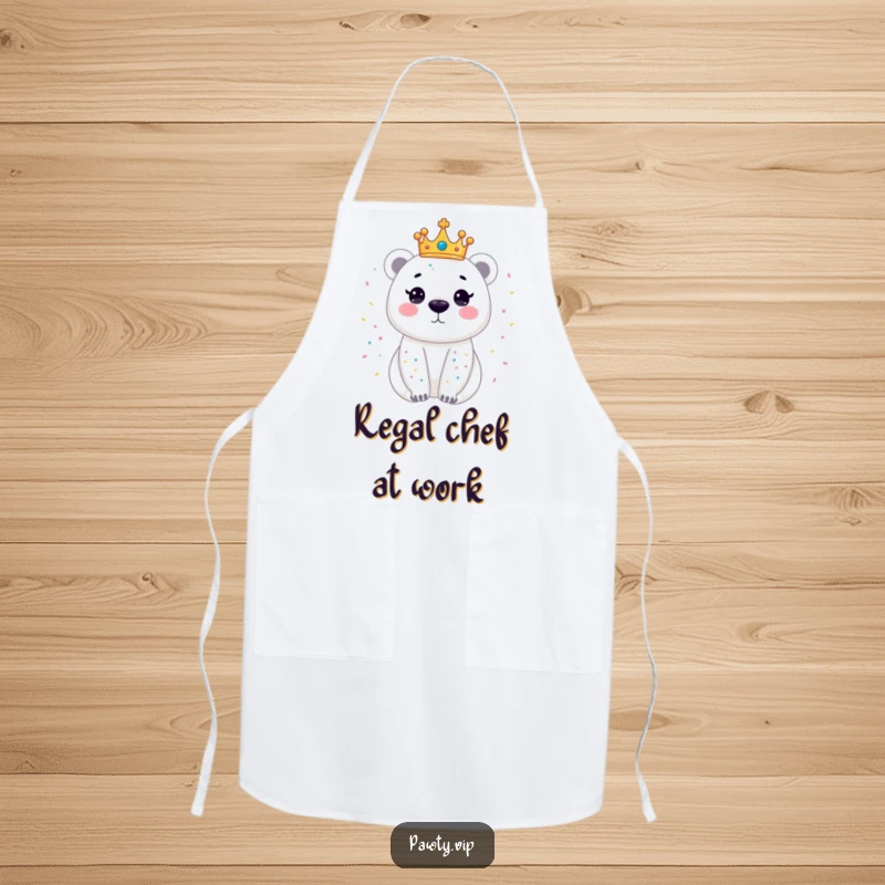 Funny apron with a dazzling polar bear wearing a crown, showered in confetti, perfect for adding regal humor to culinary adventures.