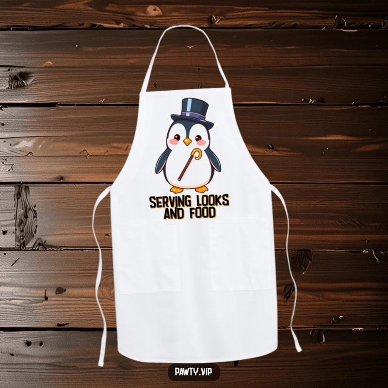 Funny apron adorned with a stylish penguin character holding a tiny top hat and cane, ready for kitchen duties.
