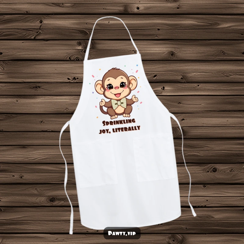 Funny Monkey Apron: A chic monkey rocking a glittery bow tie throws confetti, a humorous and functional kitchen accessory.