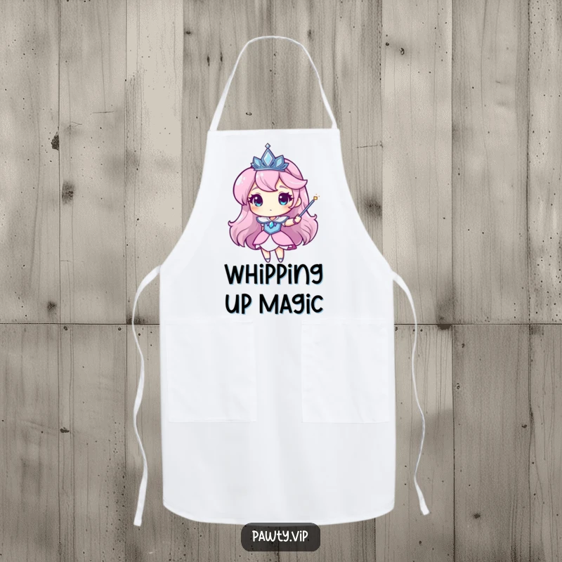 Funny tiara apron featuring a character wearing a sparkling tiara and waving a magic wand, perfect for kitchen magic.