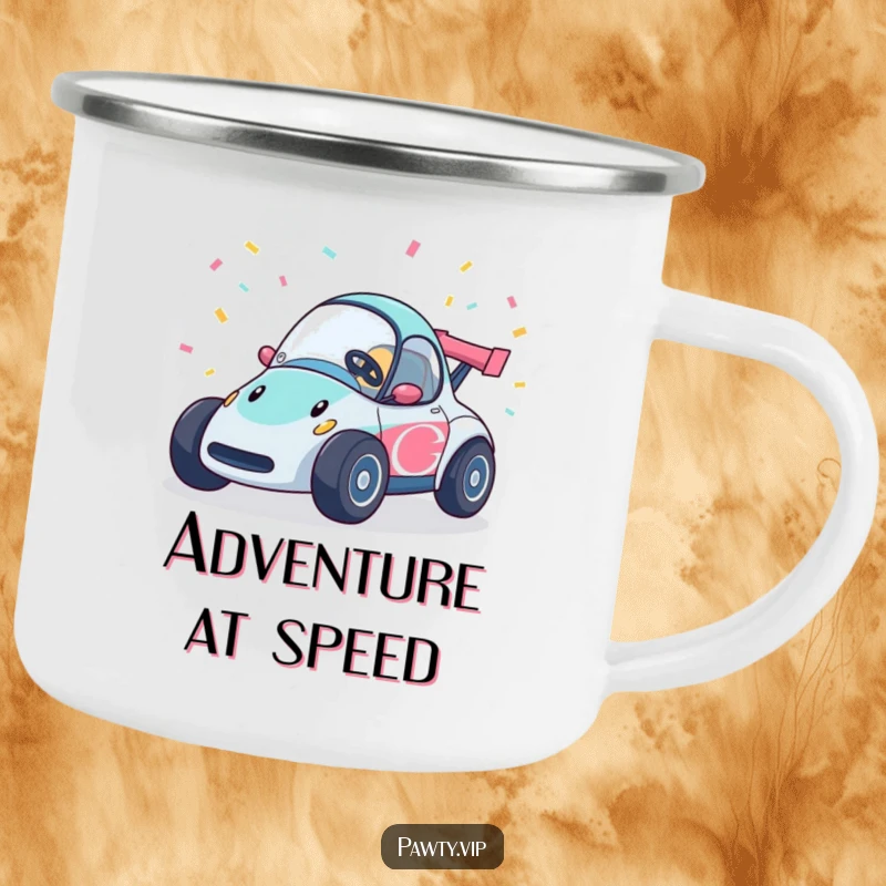 Funny race car camping mug with confetti streamers, a speedy vehicle design for outdoor enjoyment.