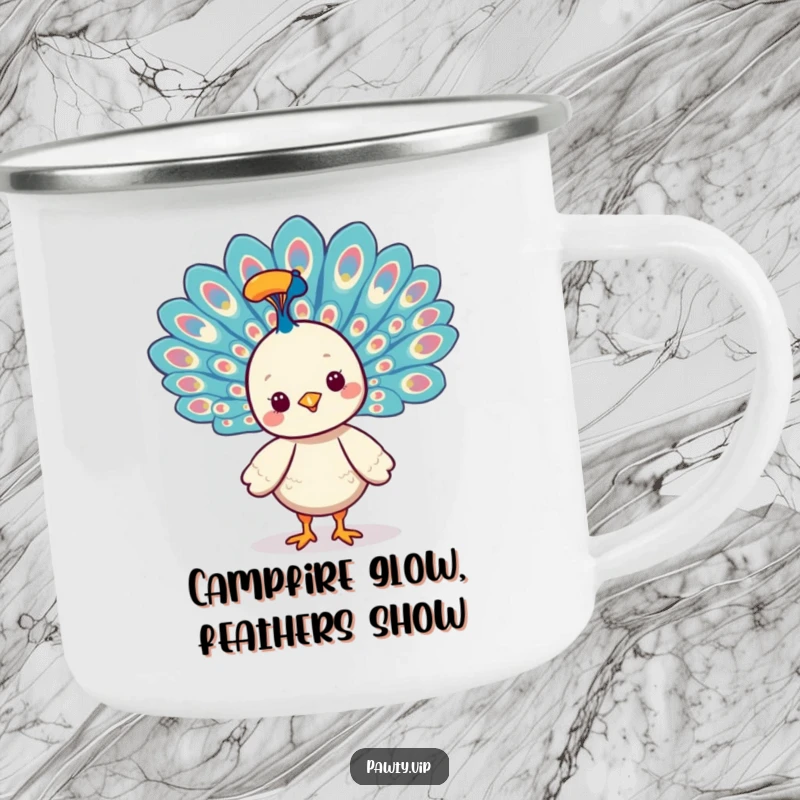 Funny Kawaii peacock character fanning its vibrant tail feathers on a camping mug, adding style to outdoor trips.