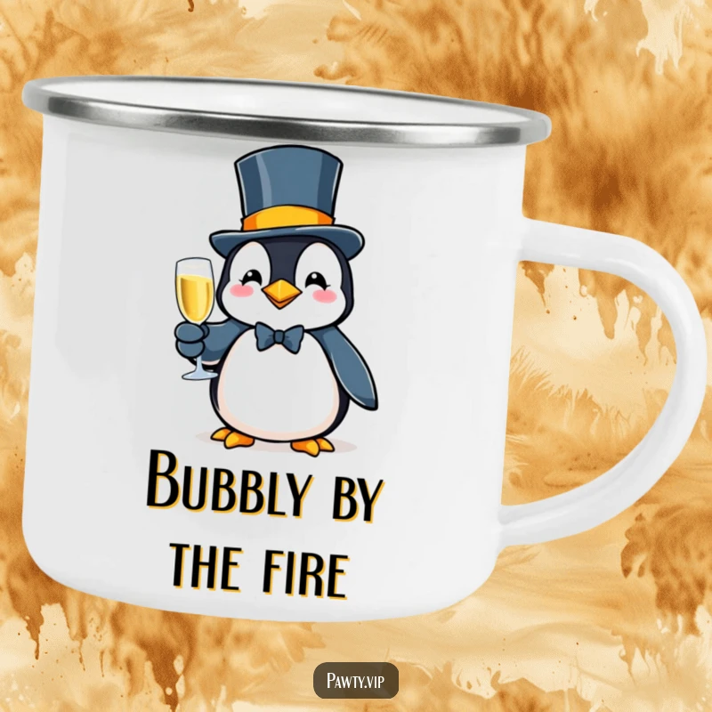 Fancy penguin in a top hat, holding bubbly, a humorous and durable camping mug design.