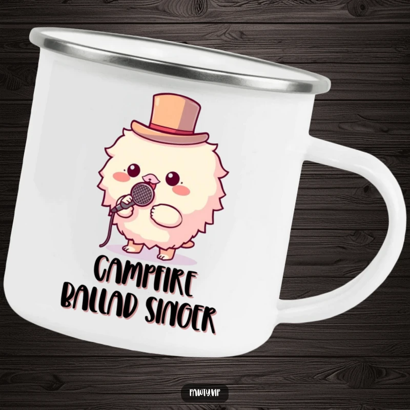 Funny camping mug with a fluffy creature in a top hat holding a microphone under the stars.