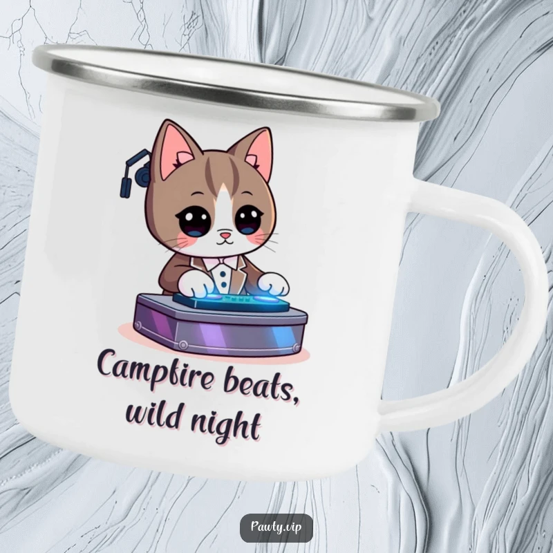 Funny Kawaii tuxedo cat character DJing on a sturdy camping mug, perfect for outdoor music lovers.