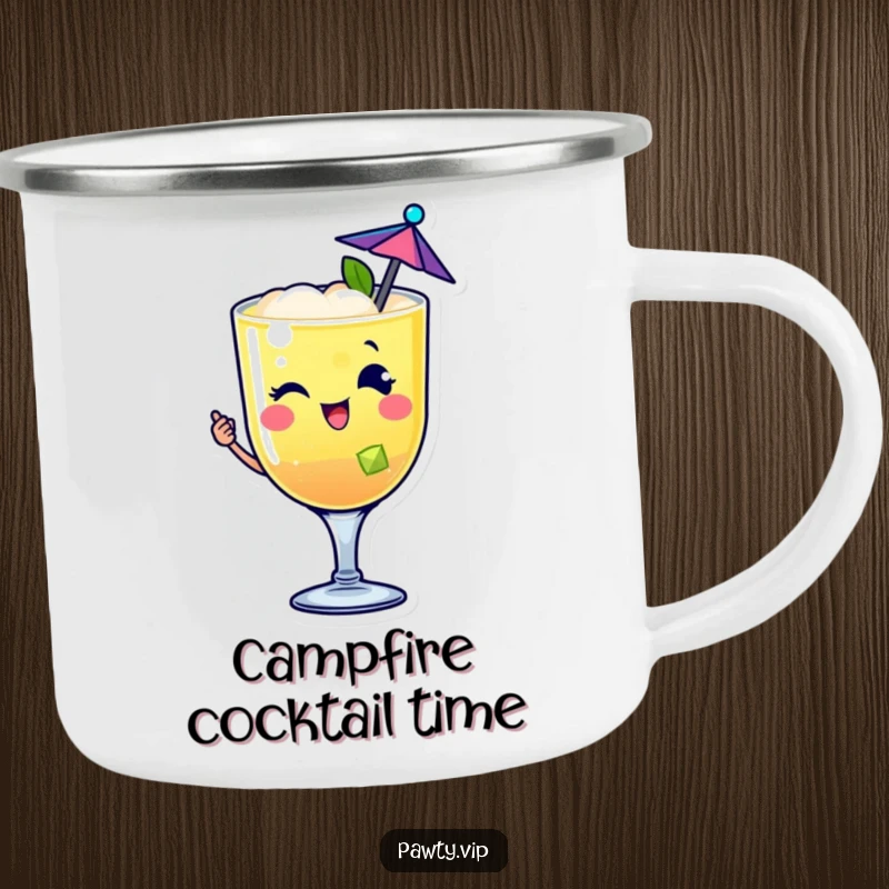 Funny happy cocktail drink character camping mug winking with a tiny umbrella, ideal for festive outdoor adventures.