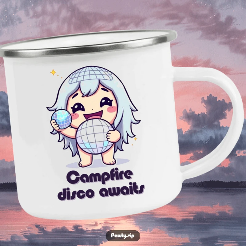 Funny camping mug with a cheerful character holding a glittering disco ball, ready for outdoor fun and good times.