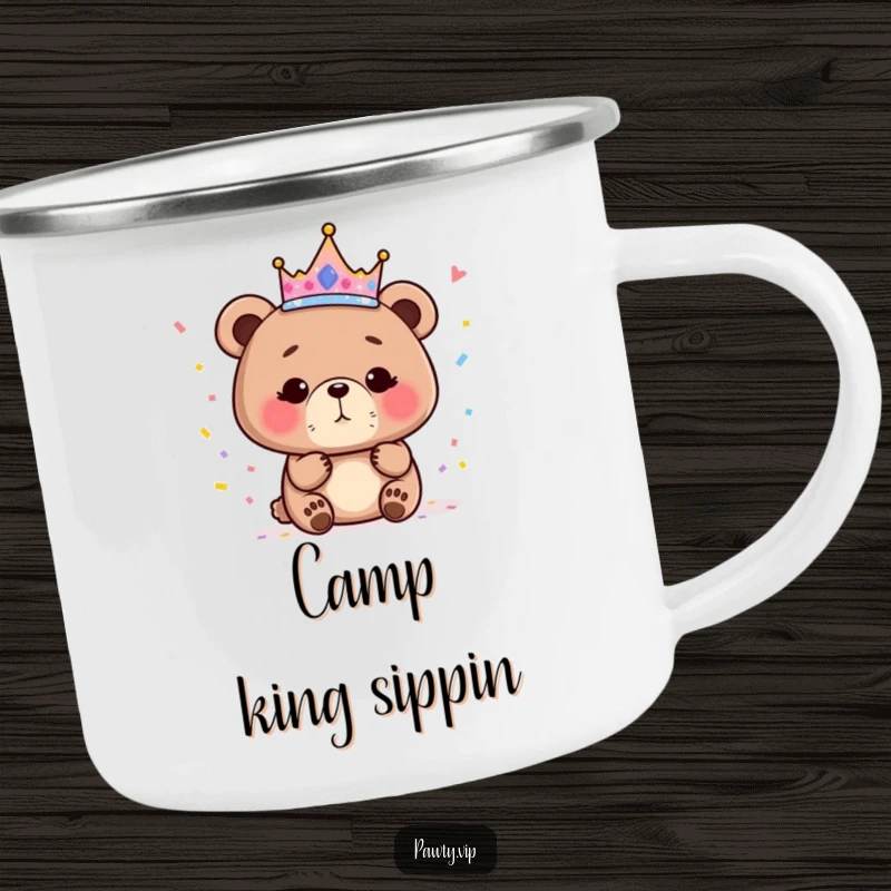 Funny bear queen camping mug with a sparkly crown, perfect for enjoying drinks outdoors with regal humor.