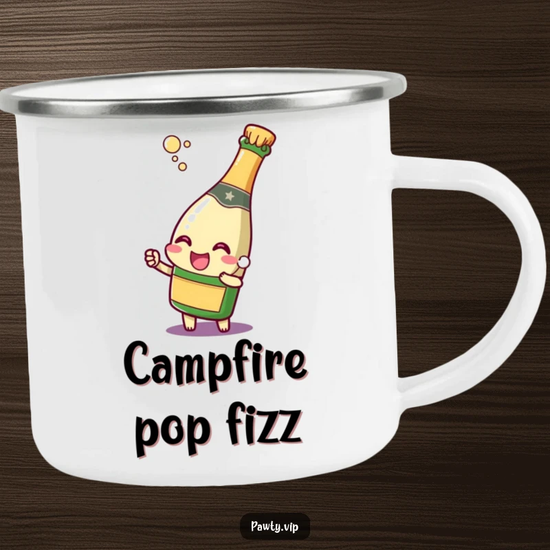 Funny champagne bottle character popping its cork with a joyful expression, on a durable camping mug, ideal for outdoor toasts and celebrations.