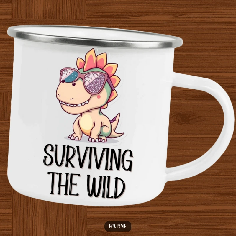 Funny dinosaur camping mug with oversized, sequined sunglasses, a cool reptile design for outdoor enjoyment.