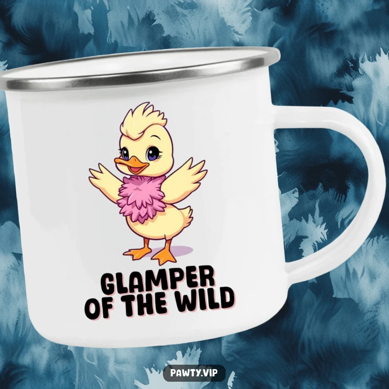 Funny duck diva camping mug with a feather boa, perfect for glamorous and humorous outdoor drinks.