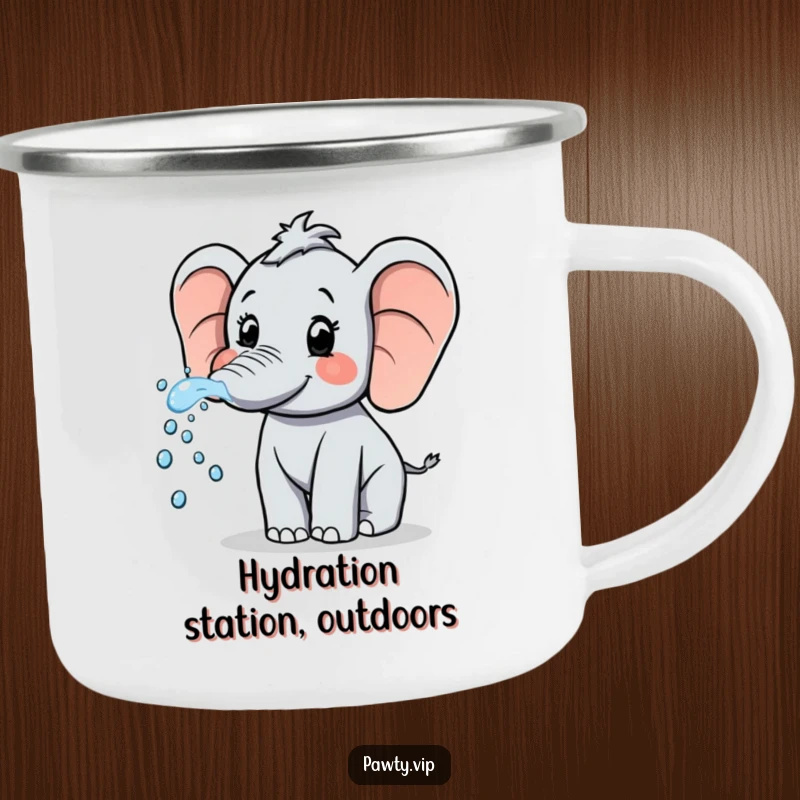 Funny Elephant Camping Mug: A cheerful elephant sprays sparkling water from its trunk, celebrating adventures with humor and refreshment.