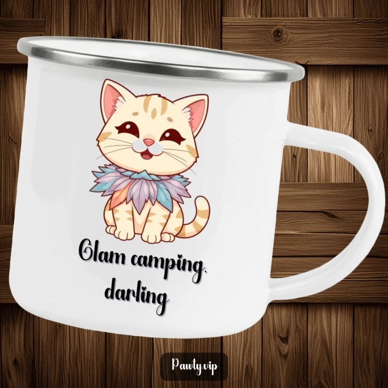 Funny camping mug showing a giggling cat character wearing a tiny, flamboyant feather boa necklace, perfect for outdoor enjoyment.