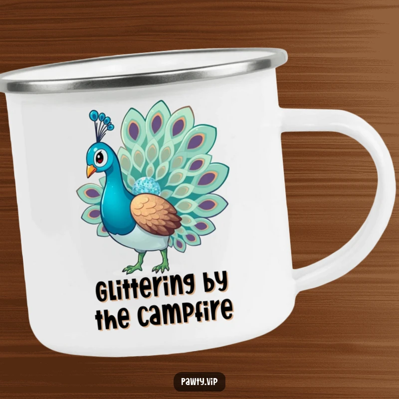 Funny Glitter Peacock Camping Mug featuring a glamorous bird with a sparkling tail, designed for outdoor enthusiasts who love glitter.