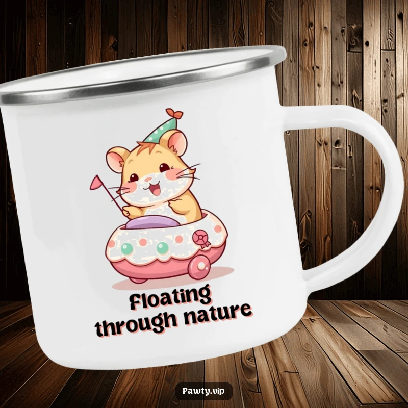Funny hamster riding a decorated party float, a humorous and durable camping mug design.