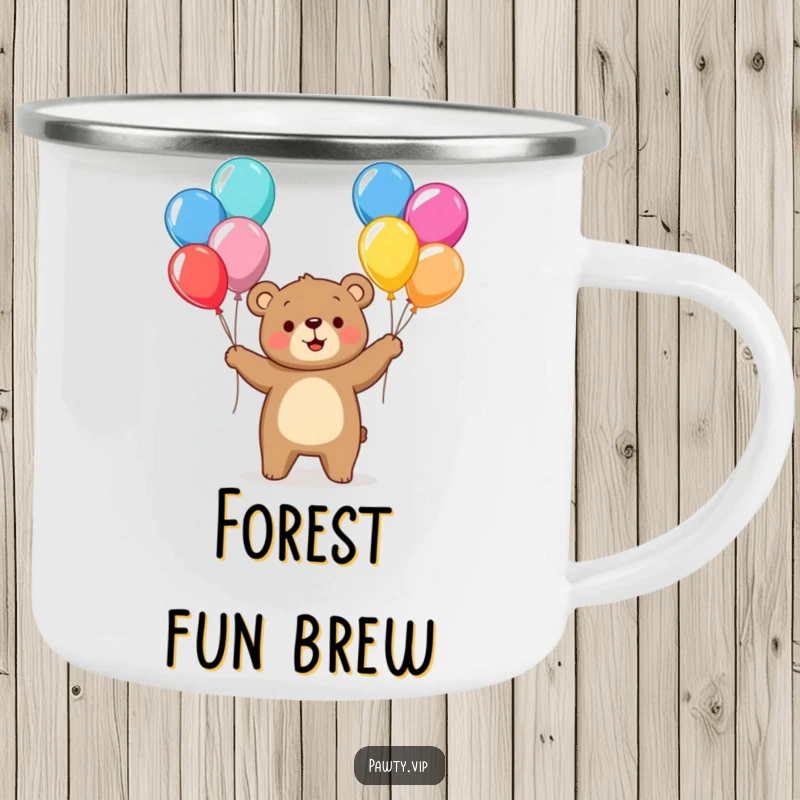 Funny bear character juggling colorful balloons on a camping mug, ready for cheerful outdoor adventures.