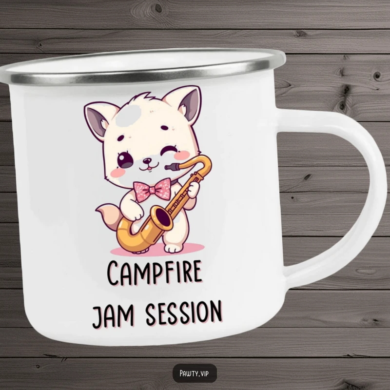 Funny kawaii animal character in a sparkly bowtie playing a saxophone by a campfire on a funny camping mug.