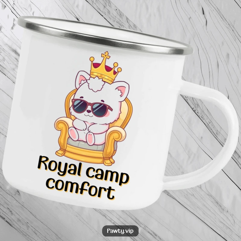 Funny kawaii animal in crown and sunglasses on a miniature throne, a durable and funny camping mug.